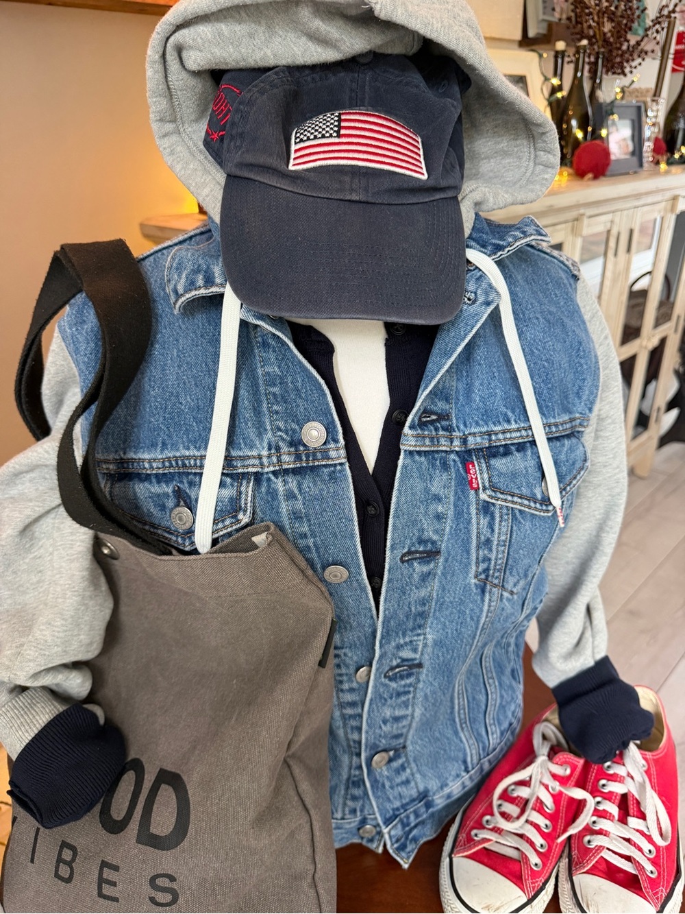 Levi’s Hooded Denim Trucker Jacket Women’s S Sweatshirt Hood Grey Sleeves
